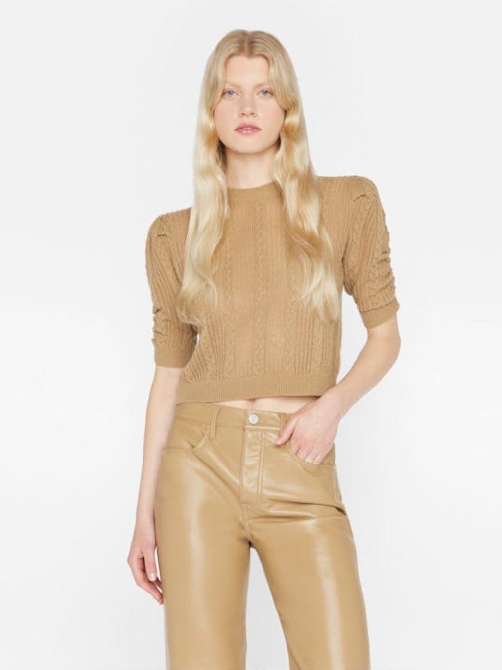 Nwt Frame Denim Pointelle Cashmere Ruched Sweater - Light Camel